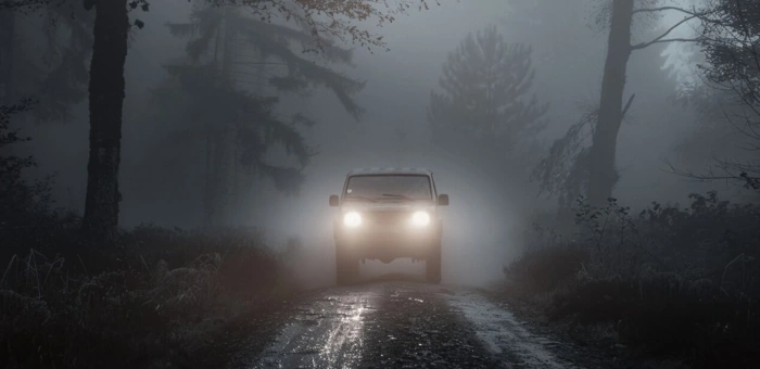 Veículo circulando por estrada tomada pela neblina, representando como dirigir com neblina.