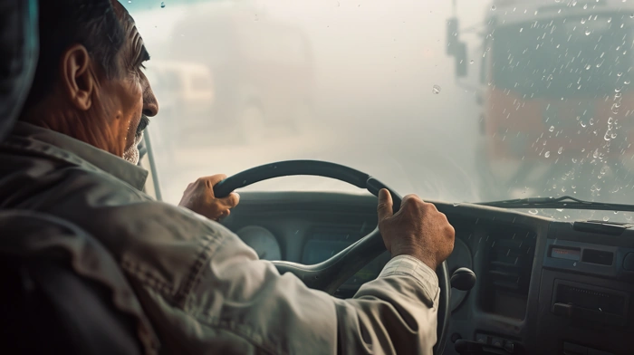 Homem dirige carro em meio ao nevoeiro, representando como dirigir com neblina.