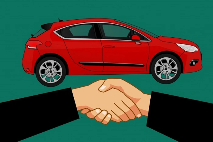 Ilustração com aperto de mão e um carro vermelho representados. Falando sobre as melhores seguradoras de carros.