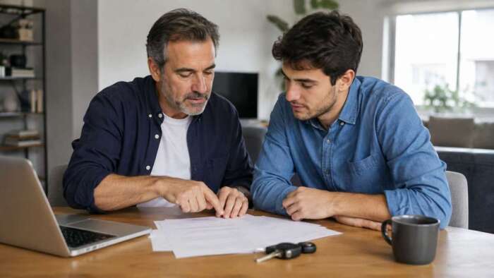 Pai e filho revisando apólice de seguro auto para incluir condutor adicional